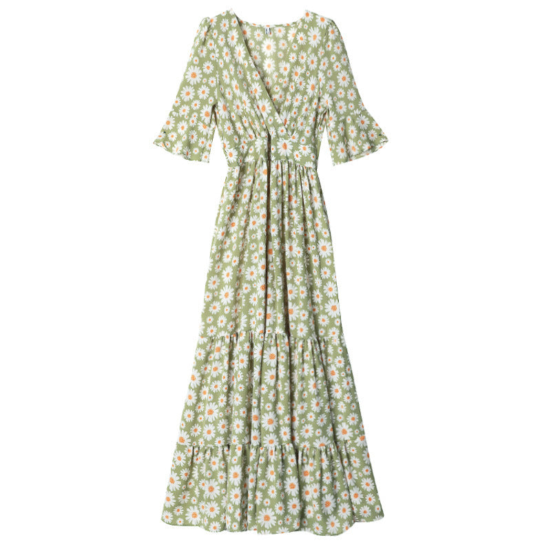 V-neck Chiffon Long Fairy Dress with High Waist