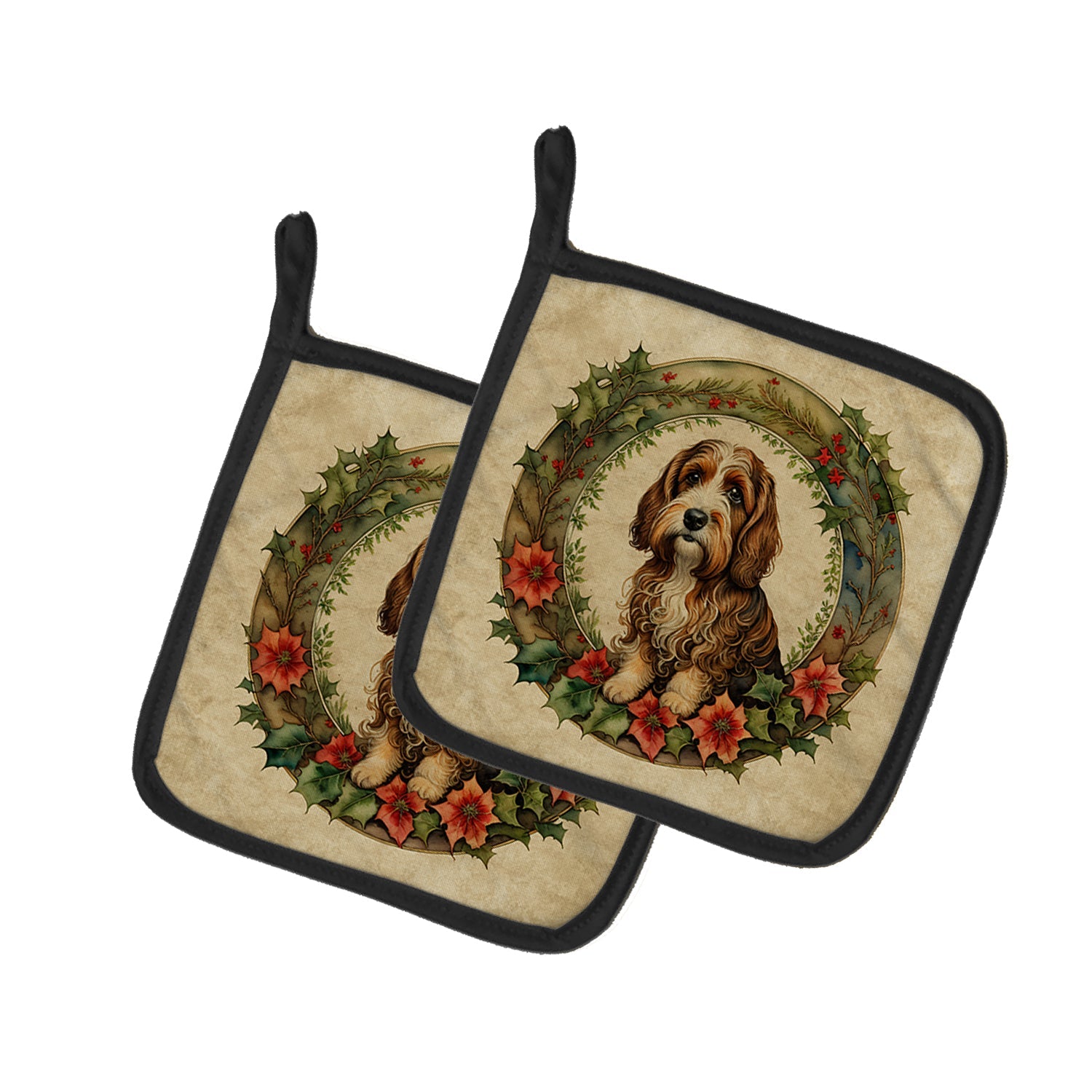 Petit Basset Griffon Vendeen Christmas Flowers Pair of Pot Holders