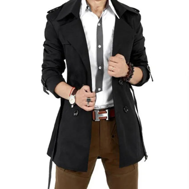 Elegant British Men's Mid-Length Double-Breasted Coat