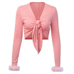 Tie-Front Long-Sleeve Crop Top with Feather Cuffs