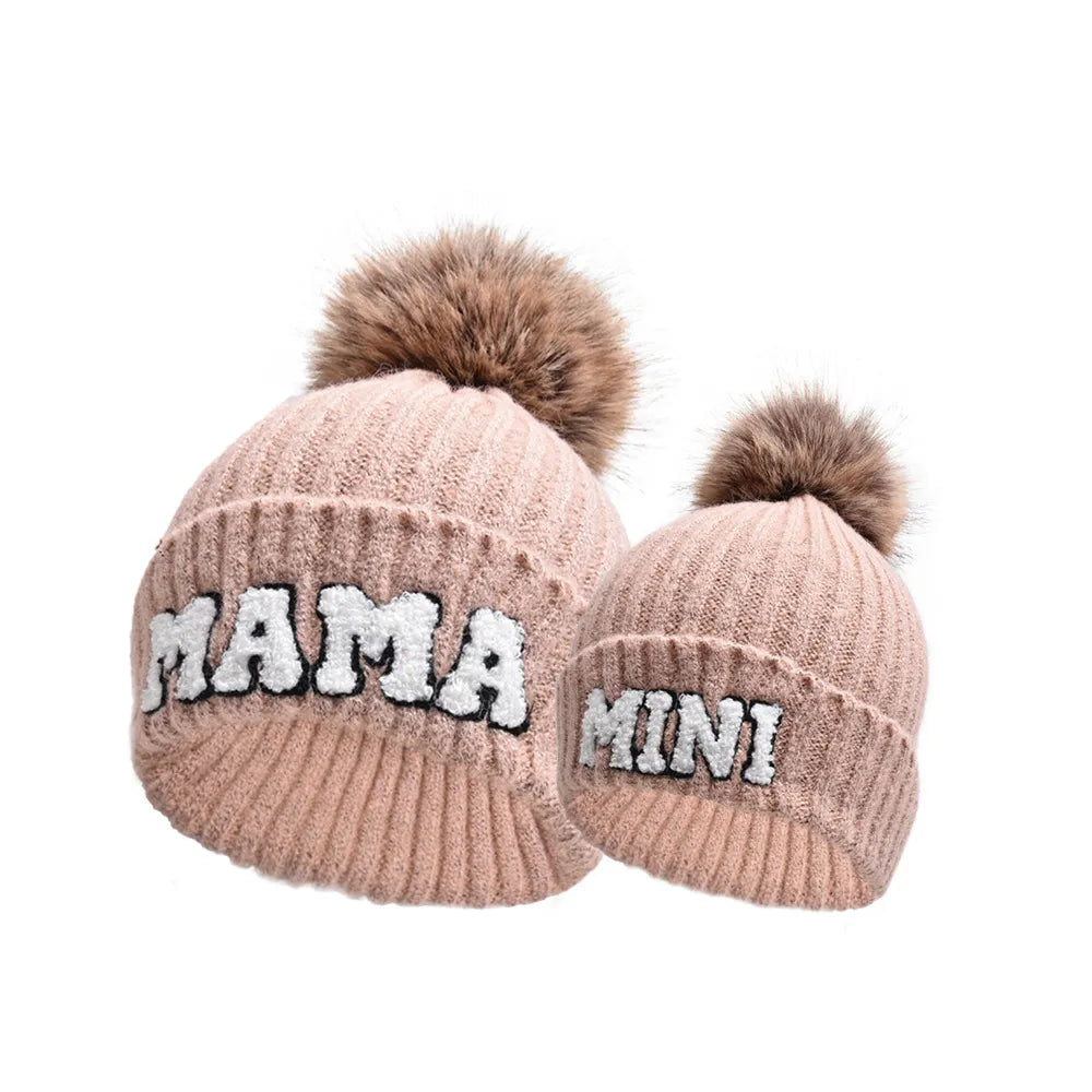 Kunyeah 3Pcs Parent-Child Beanie Hat Mama Papa Baby Matching Hats Winter Warm Cap with Pom-Pom Women Men Knitted Hat | Embroidered Cap