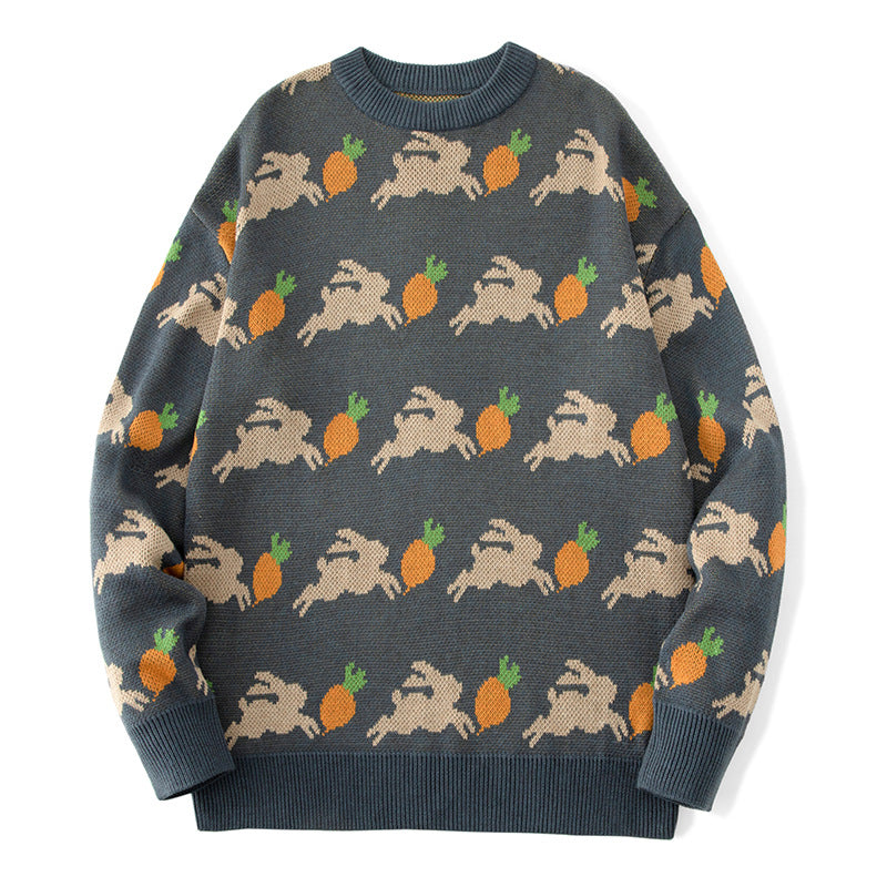 Loose Fit Rabbit Carrot Print Crew Neck Knit Sweater