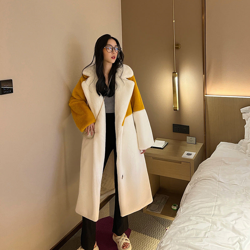 Color Block Faux Fur Suit Collar Women's Coat