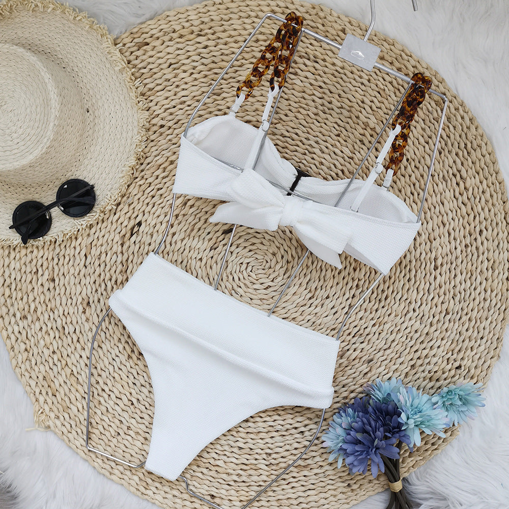 High-Waisted Strapless Bikini in White Ribbed Fabric