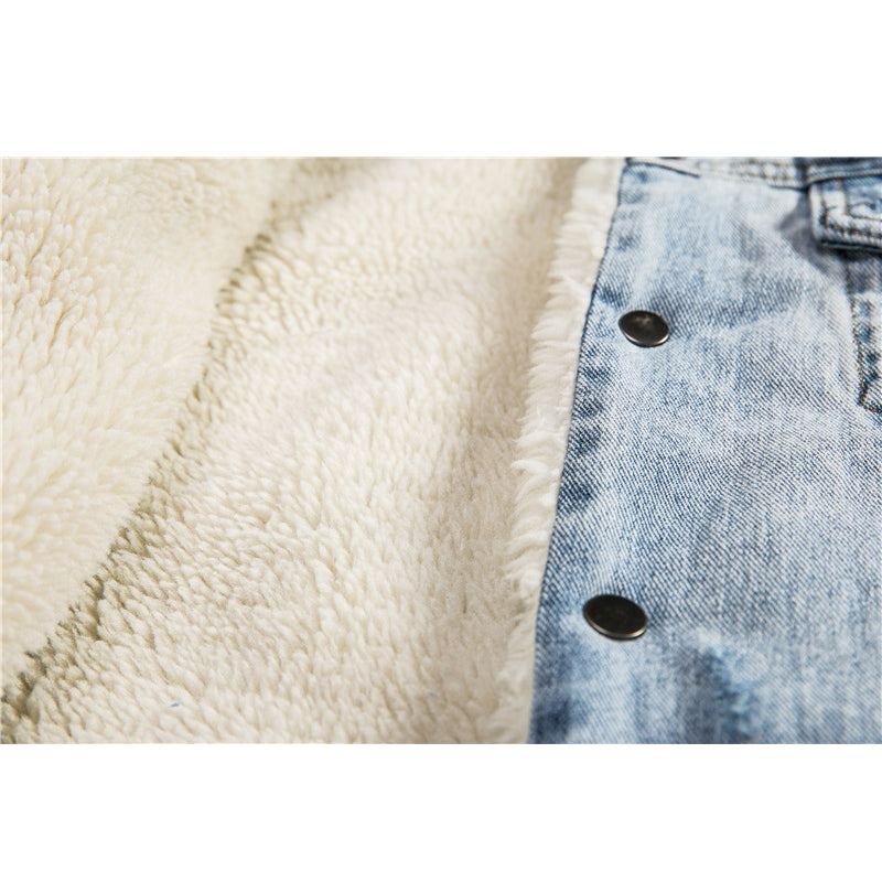 Winter Men's Distressed Lamb Wool Denim Jacket