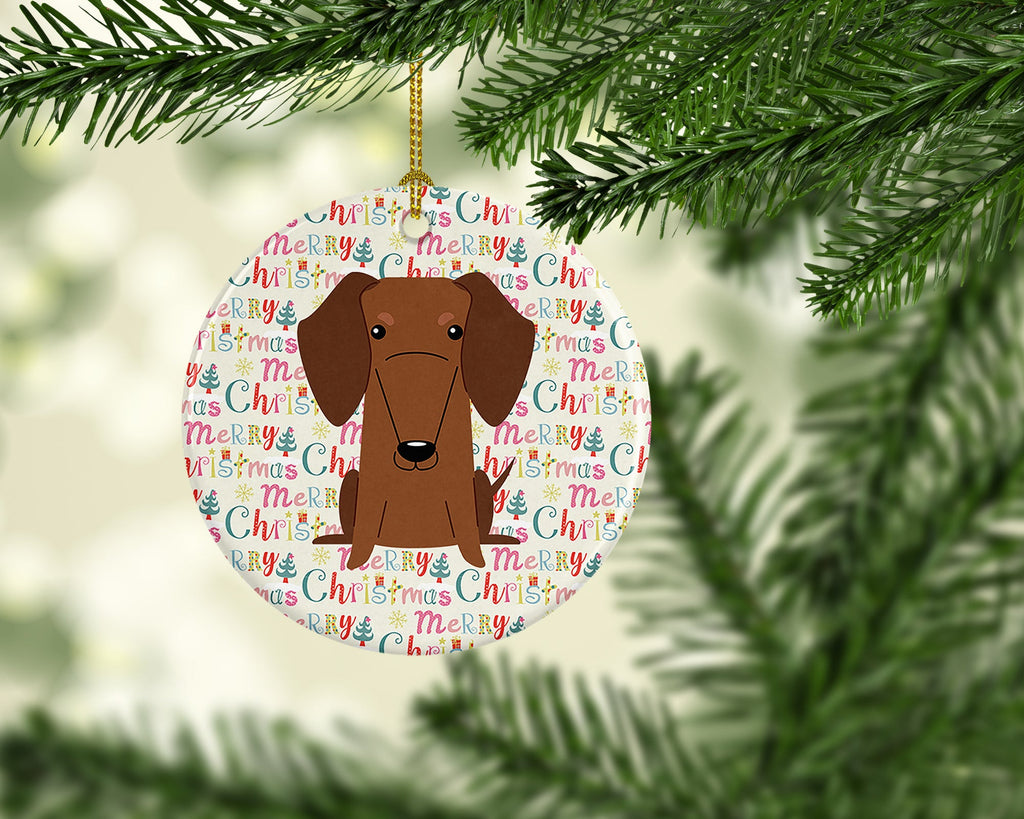 Merry Christmas Dachshund Red Brown Ceramic Ornament