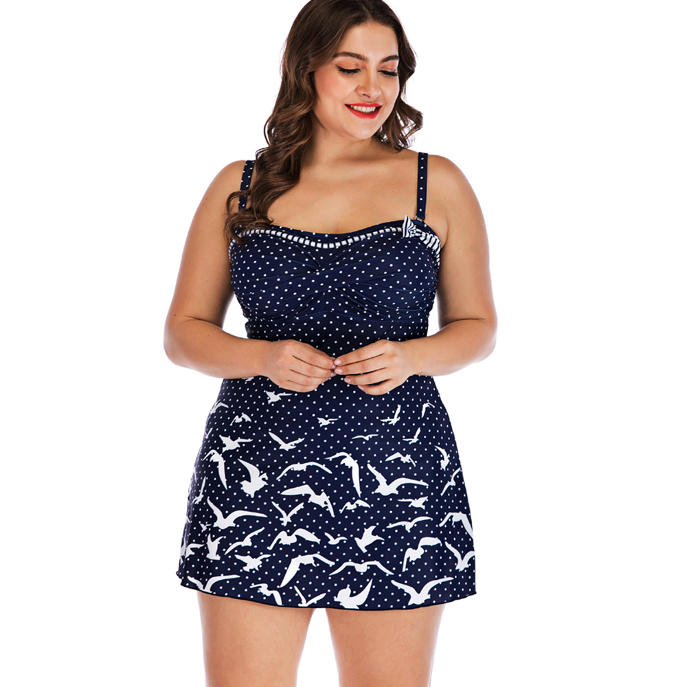 Plus Size Navy Polka Dot Skirted Swim Dress with Seagull Print