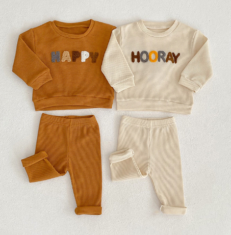 Hooray Happy Cartoon Letter Print Hoodie and Pants Set