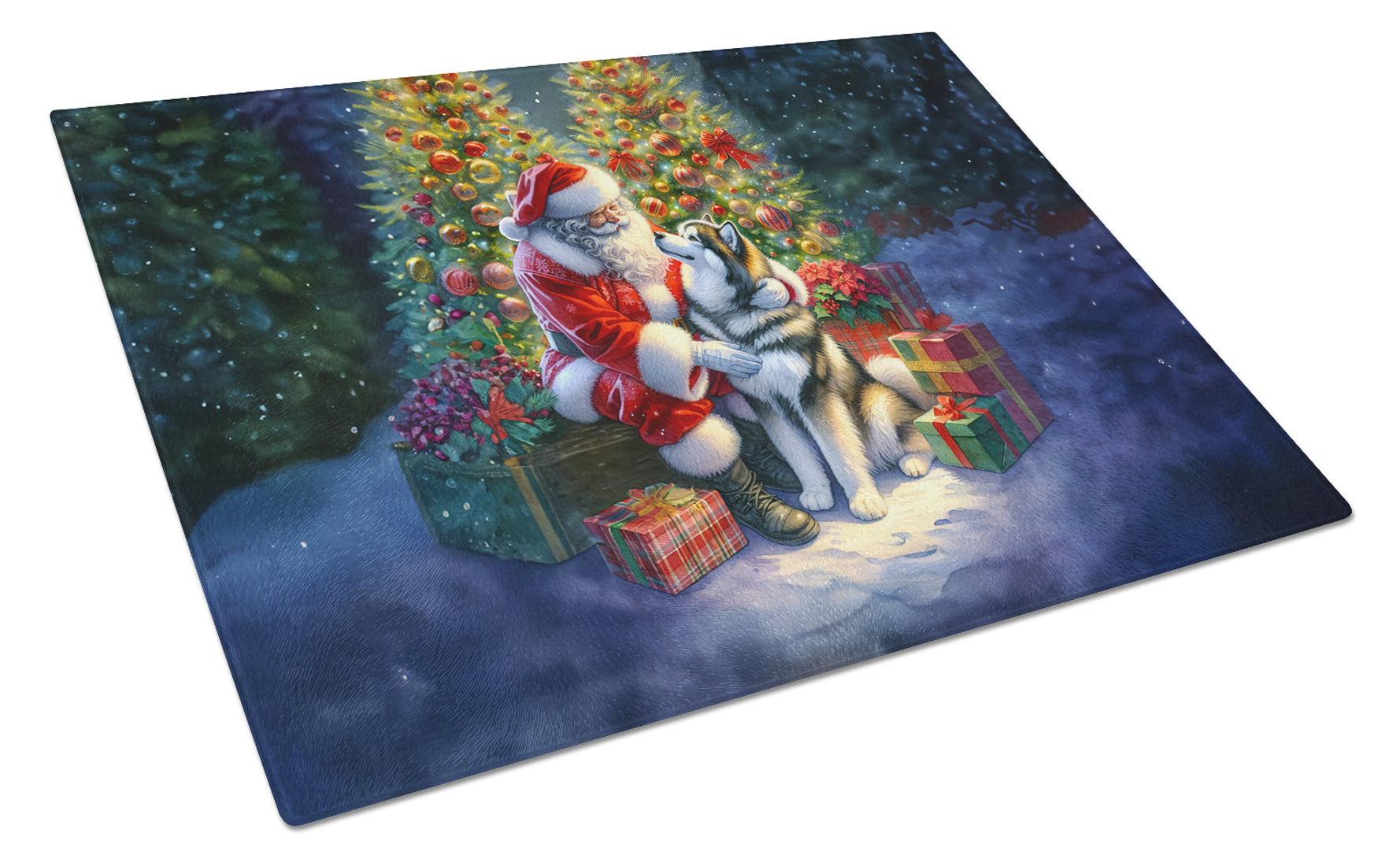 Alaskan Malamute and Santa Claus Glass Cutting Board