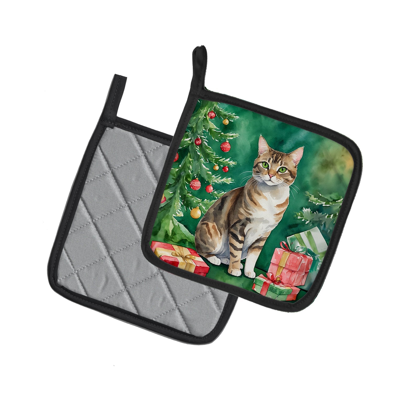 California Spangled Cat By the Christmas Tree Pair of Pot Holders