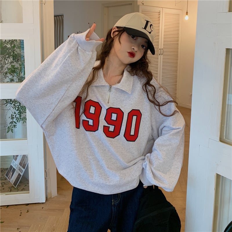 Retro Half Zipper Long Sleeve Polo Sweater for Women