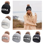 Kunyeah 3Pcs Parent-Child Beanie Hat Mama Papa Baby Matching Hats Winter Warm Cap with Pom-Pom Women Men Knitted Hat | Embroidered Cap
