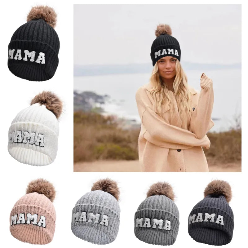 Kunyeah 3Pcs Parent-Child Beanie Hat Mama Papa Baby Matching Hats Winter Warm Cap with Pom-Pom Women Men Knitted Hat | Embroidered Cap