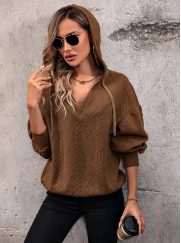 Hooded Solid Color Knit Casual Sweater for Women