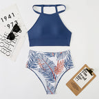 High Waist Women's High Neck Printed Bikini Swimsuit
