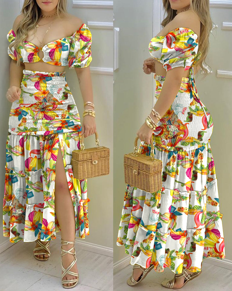Floral Print Crop Top and High Waist Maxi Skirt Set
