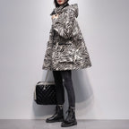 Women's Hooded Zebra-print Mid-length Trench Coat