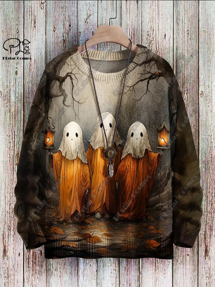 3D Printed Halloween Ghost Pattern Casual Winter Sweater