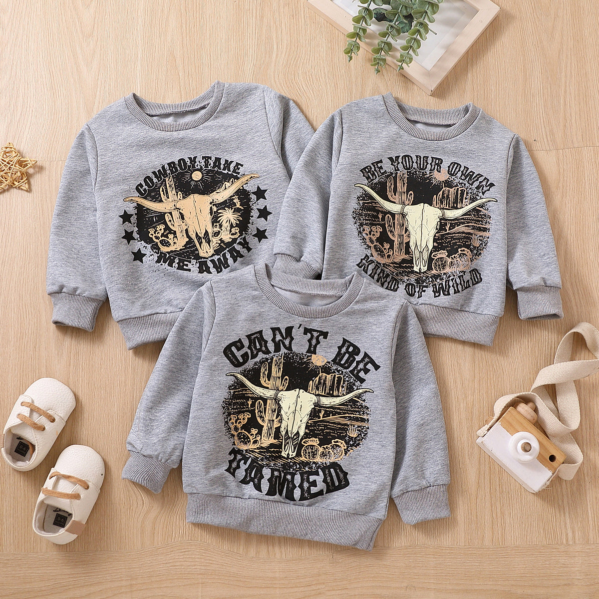 Grey Printed Letter Cow Head Kids' Sweater