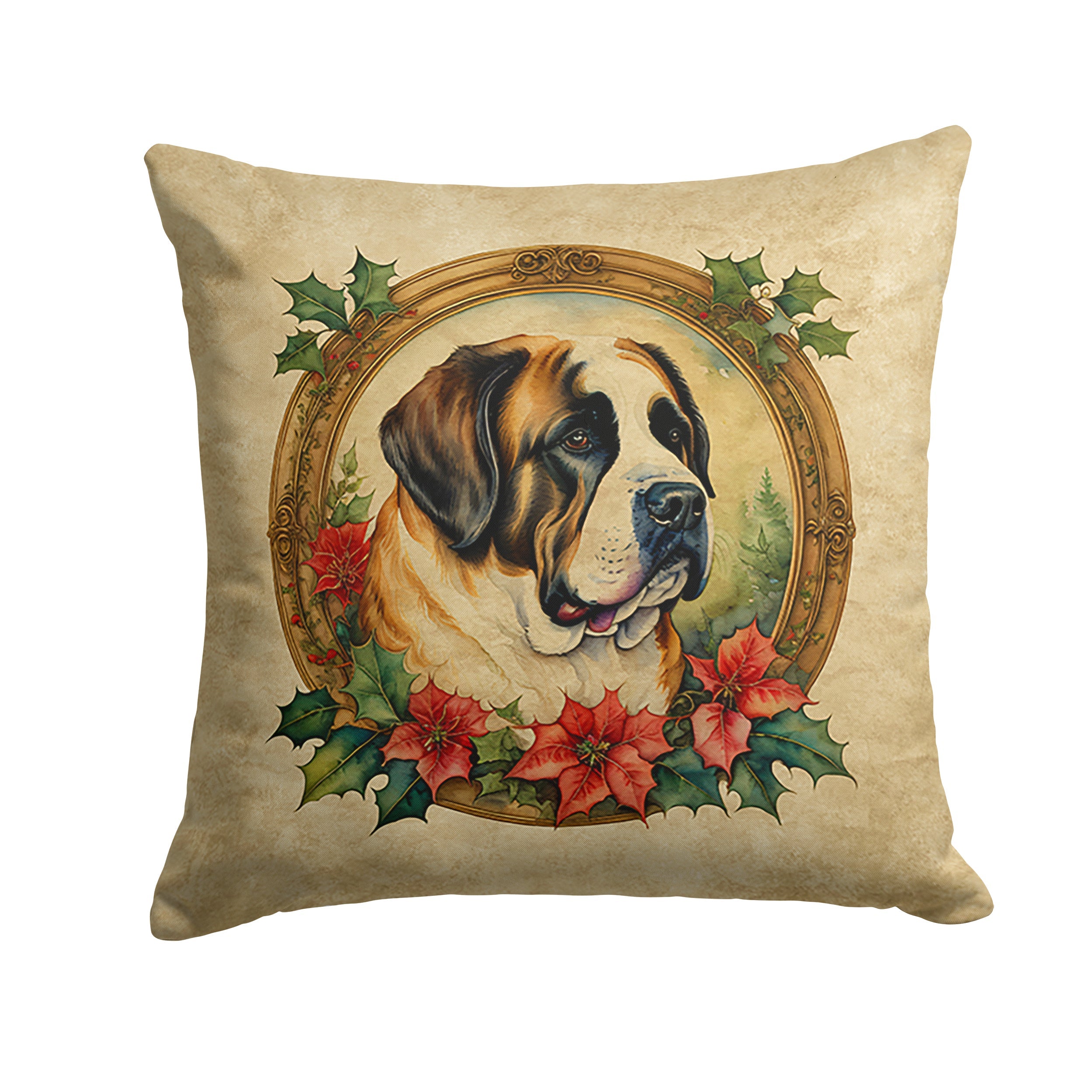 Saint Bernard Christmas Flowers Throw Pillow