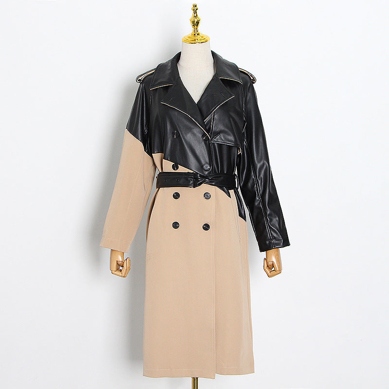 Leather Trench Coat with Suit Collar and Knee Length