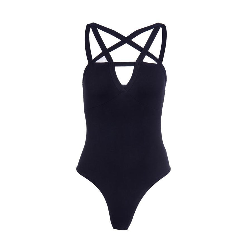 Star-Shaped Bodysuit with Crossed Straps and Open Back