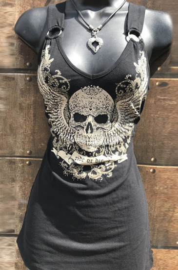 Gothic Winged-Skull Print Cutout-Back Tank Top