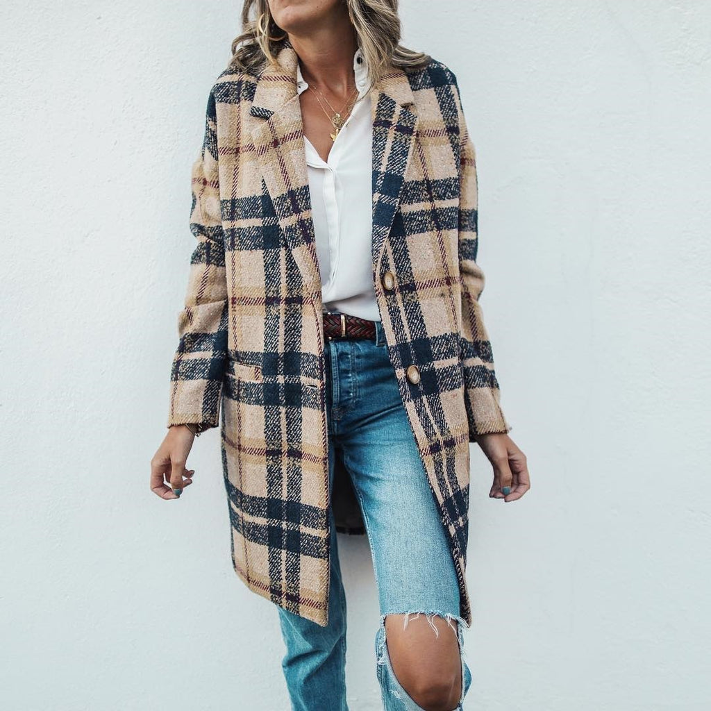 Lapel Check Woolen Loose Long Coat for Women