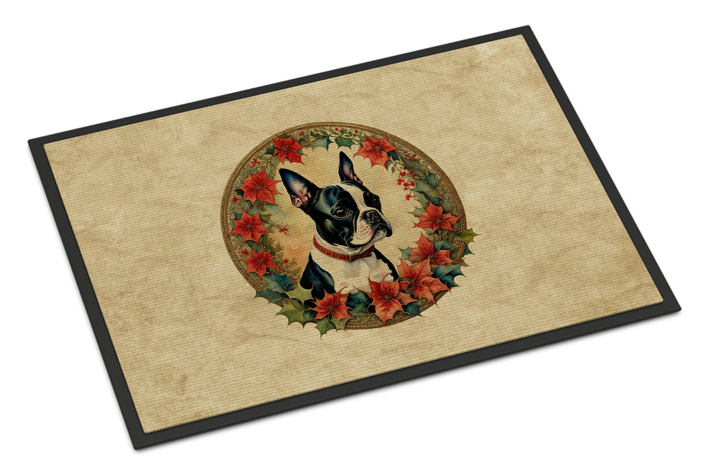 Boston Terrier Christmas Flowers Doormat