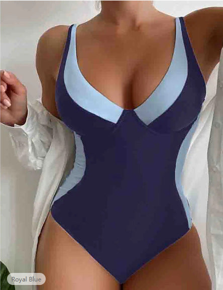 Women's V-Neck Colorblock One-Piece Swimsuit