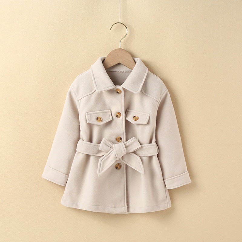 Girls' Korean-style Beige Mid-length Woolen Coat