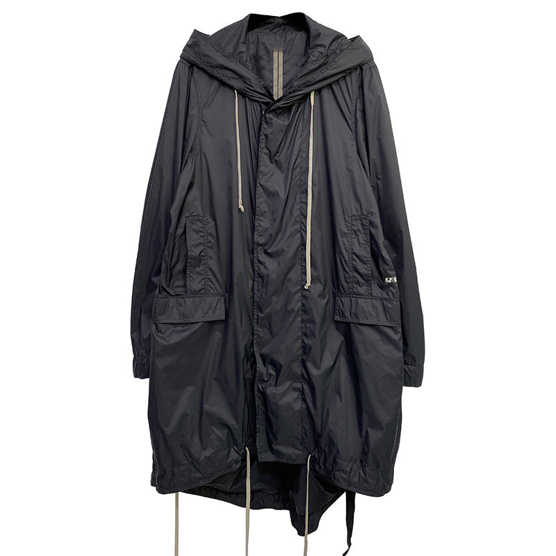 Men's Black Loose-Fit Hooded Trench Coat with Zipper