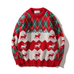 Long Sleeve Knitted Sweater with Plaid Deer Design