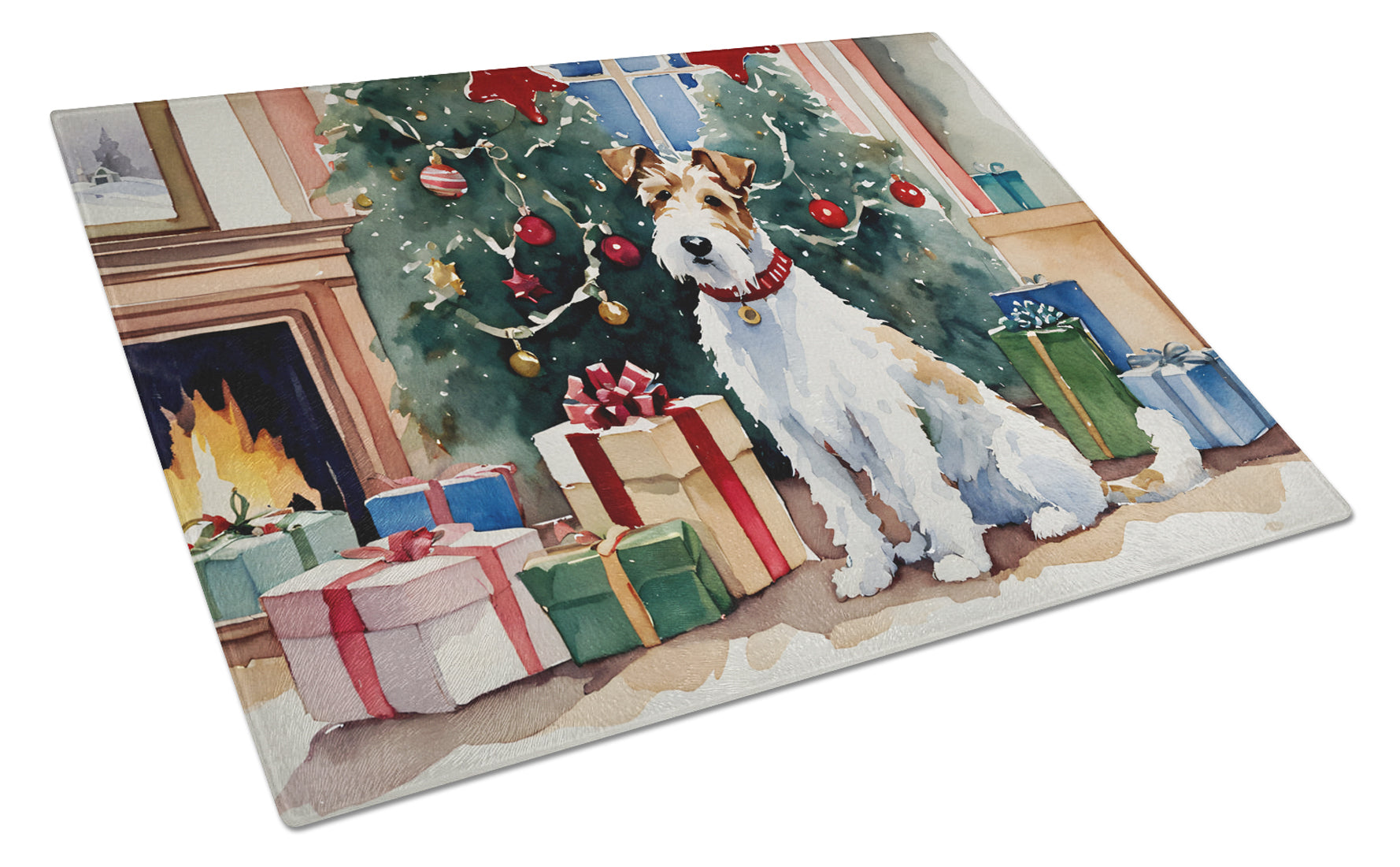 Fox Terrier Cozy Christmas Glass Cutting Board