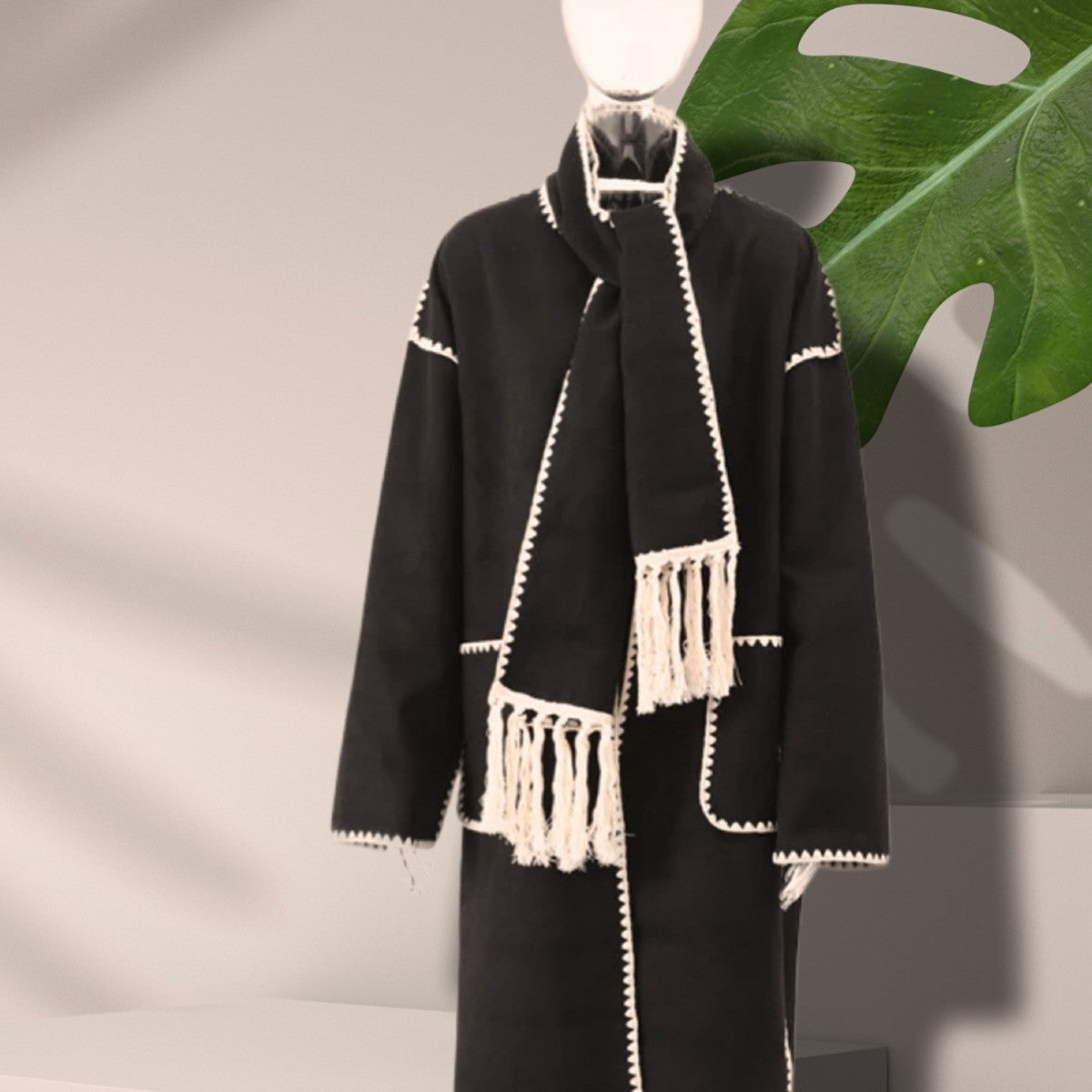 Women's Woolen Coat with Tassel Lace Detail