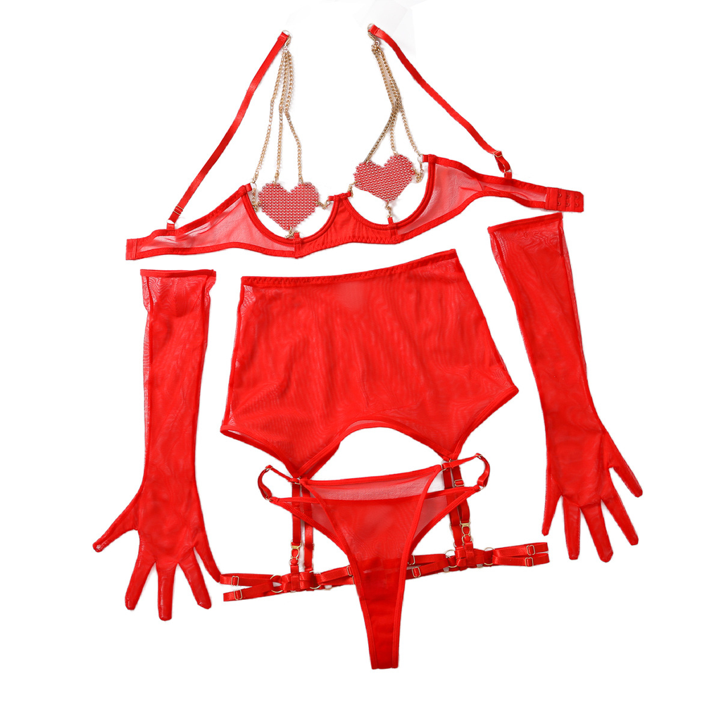 Sexy Sheer Lingerie Set with Heart Chains (5 Pieces)