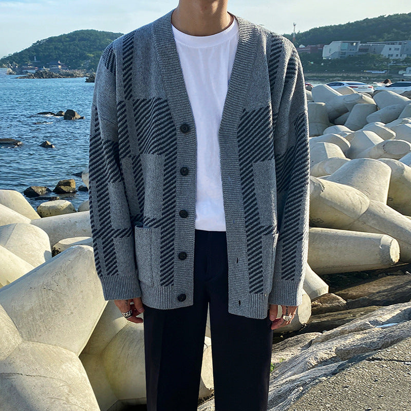 Men's Plaid Cardigan Sweater Coat for Autumn & Winter