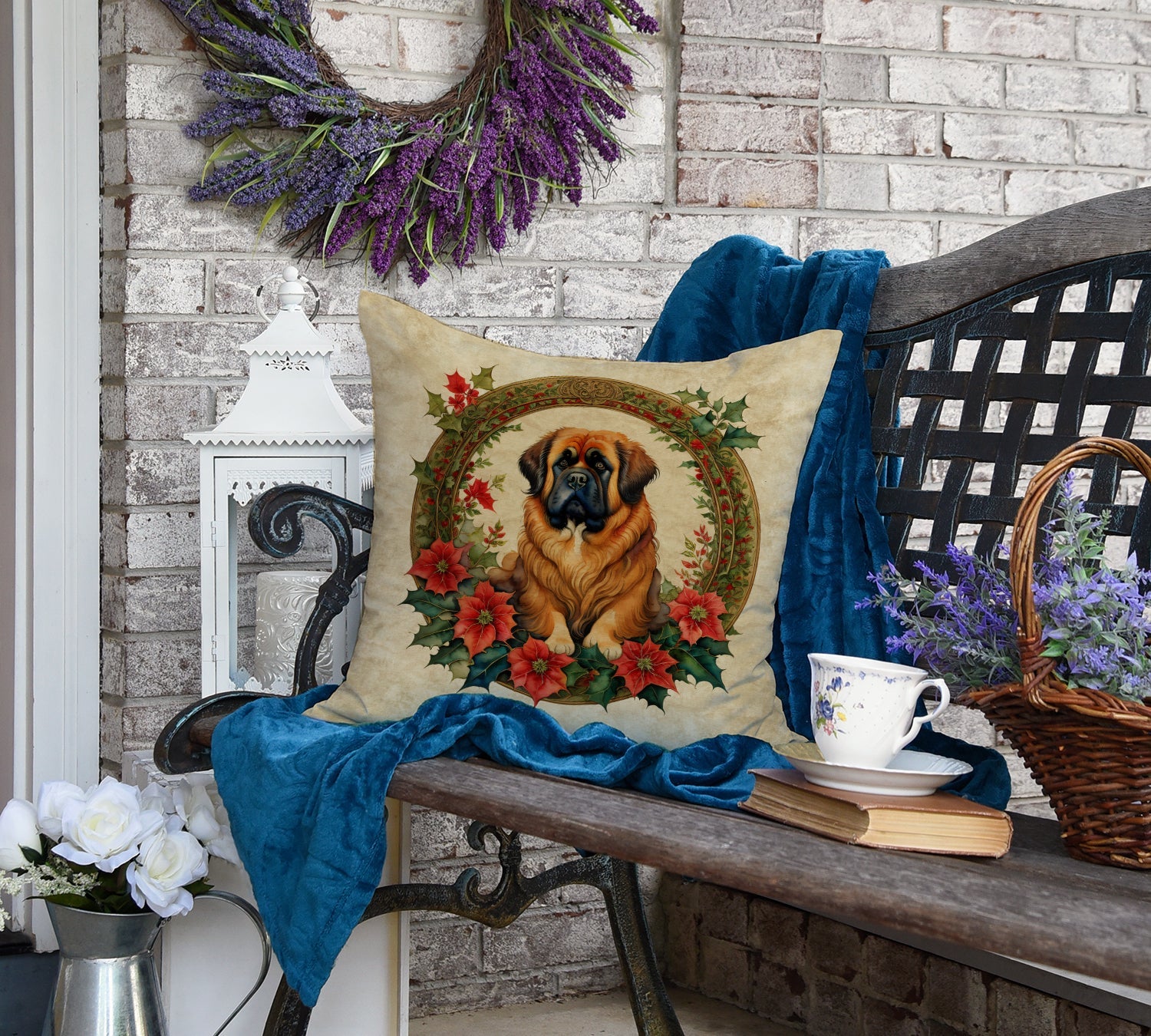 Tibetan Mastiff Christmas Flowers Throw Pillow