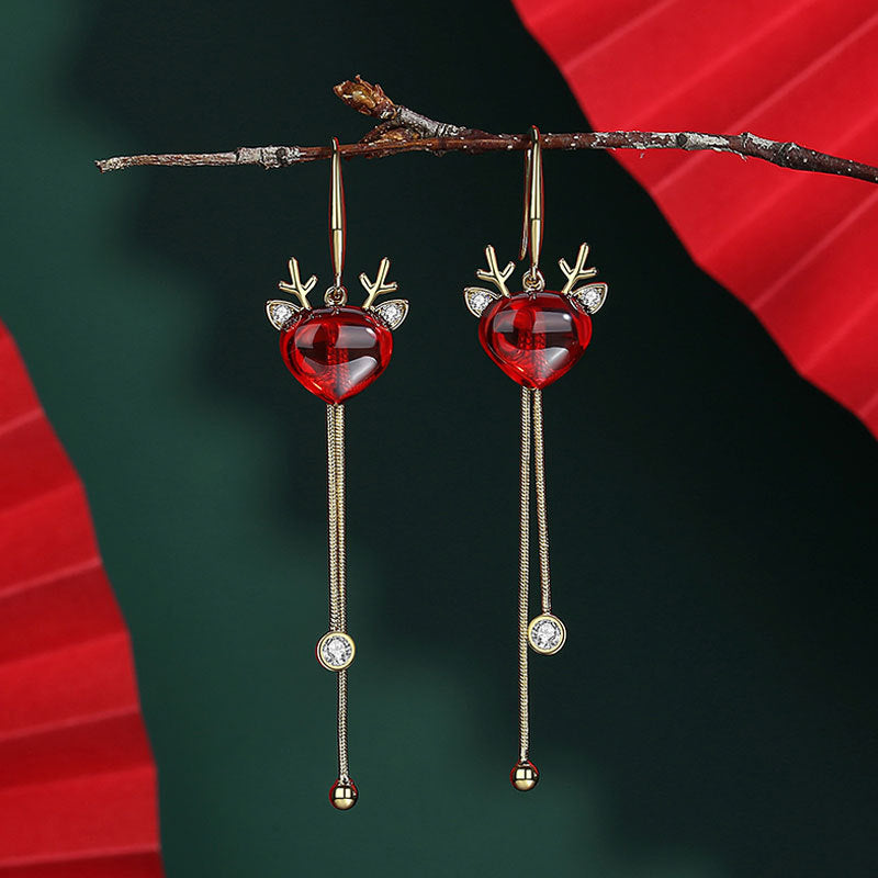Silver Christmas Elk Antler Long Tassel Earrings
