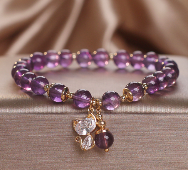 Amethyst Beaded Bracelet with Cat Charm for Women