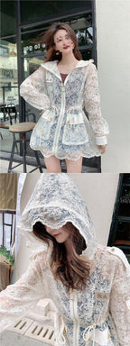 Korean Lace Crocheted Hooded Long-Sleeved Jacket