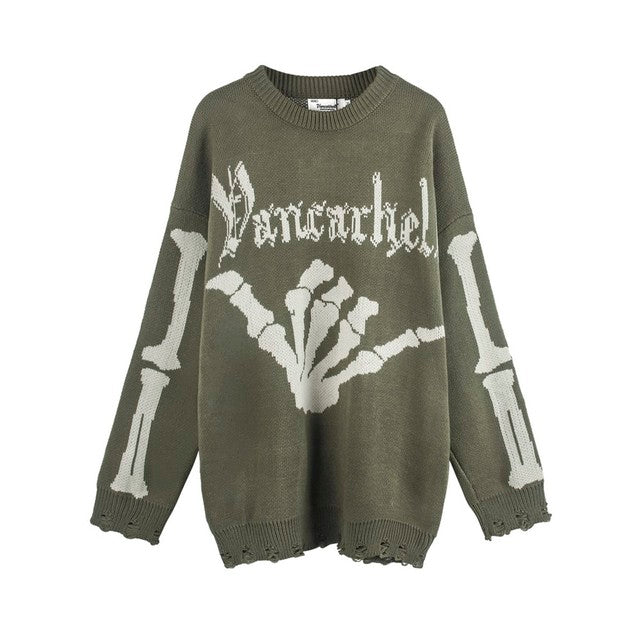 Gothic Black Plaid Knitted Skull Aesthetics Sweater