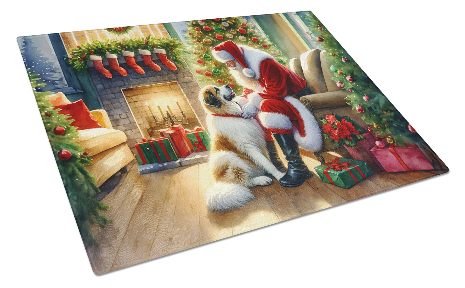 Great Pyrenees and Santa Claus Glass Cutting Board