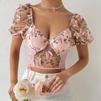 Embroidered Butterfly Mesh Crop Top for Women