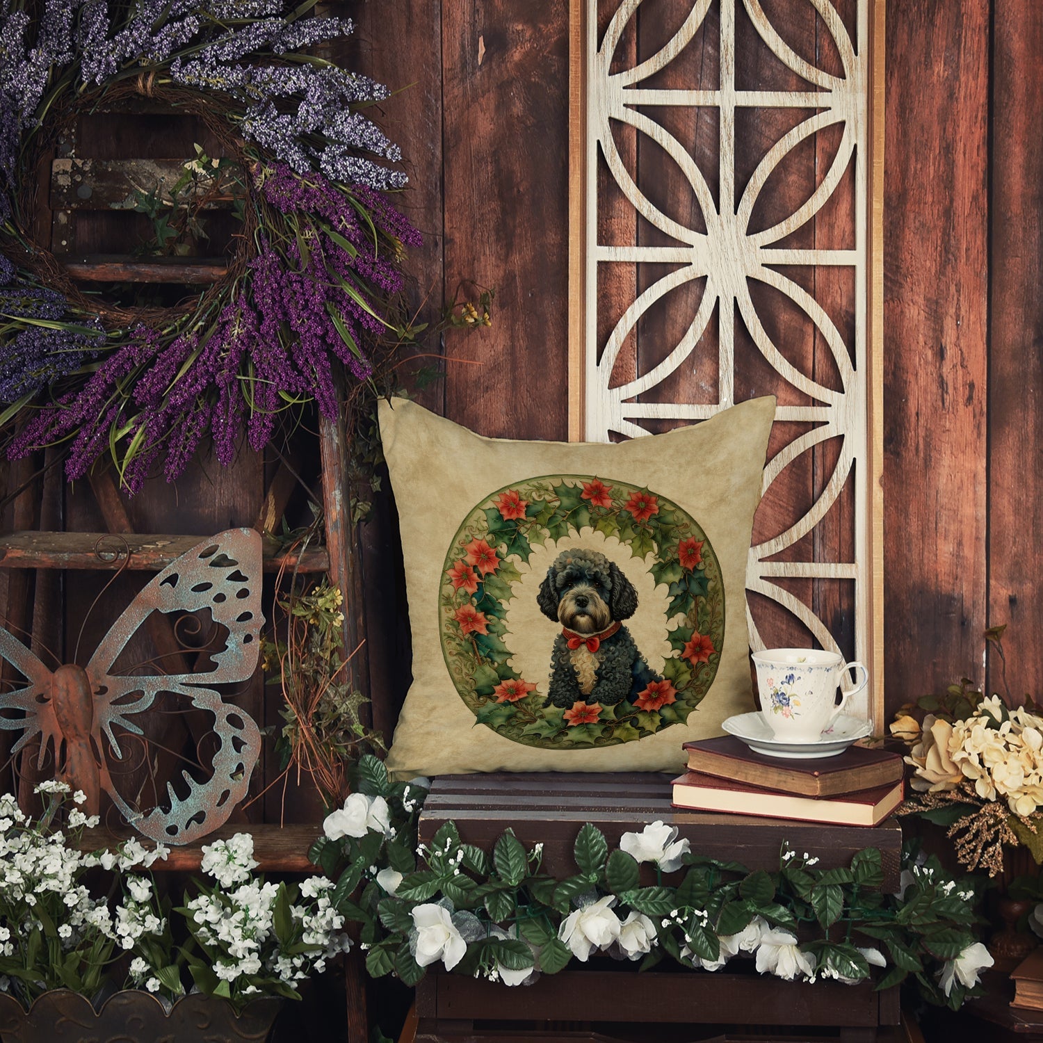 Portuguese Water Dog Christmas Flowers Throw Pillow