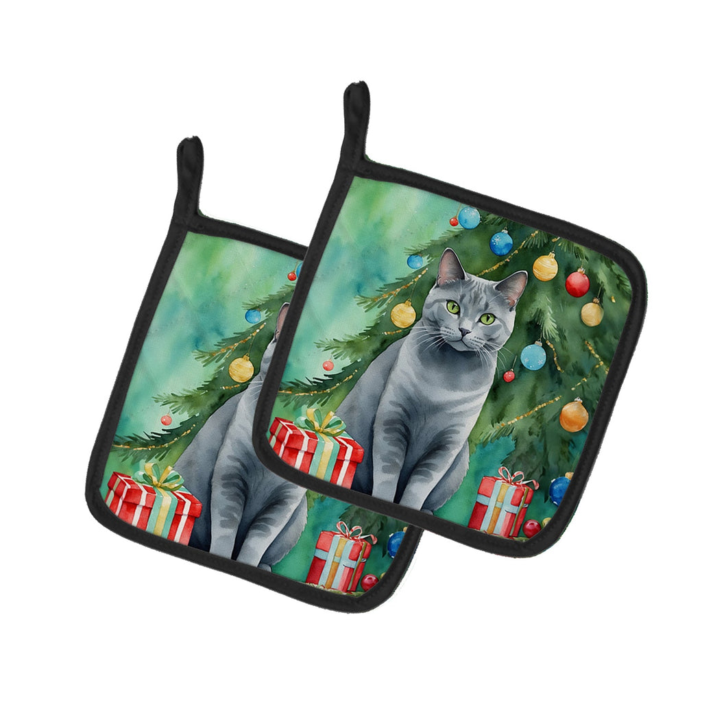 Chartreux Cat By the Christmas Tree Pair of Pot Holders