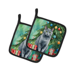 Chartreux Cat By the Christmas Tree Pair of Pot Holders