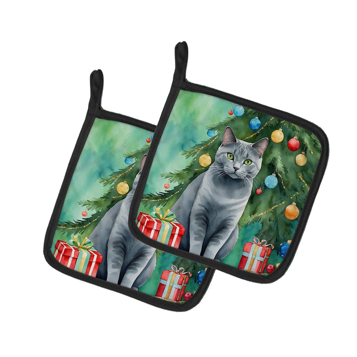 Chartreux Cat By the Christmas Tree Pair of Pot Holders
