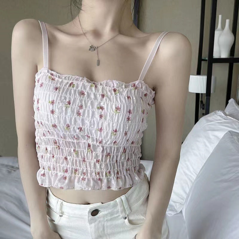 French Floral Shirred Camisole Crop Top