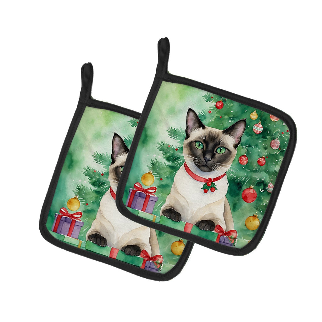 Siamese Cat By the Christmas Tree Pair of Pot Holders